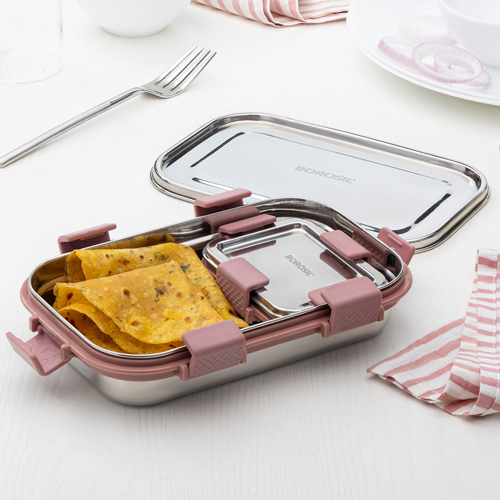 Borosil Slim Rectangular Stainless Steel Lunch Box, Set of 2, 700ml + 125ml