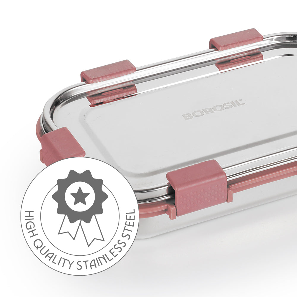 Borosil Slim Rectangular Stainless Steel Lunch Box, Set of 2, 700ml + 125ml