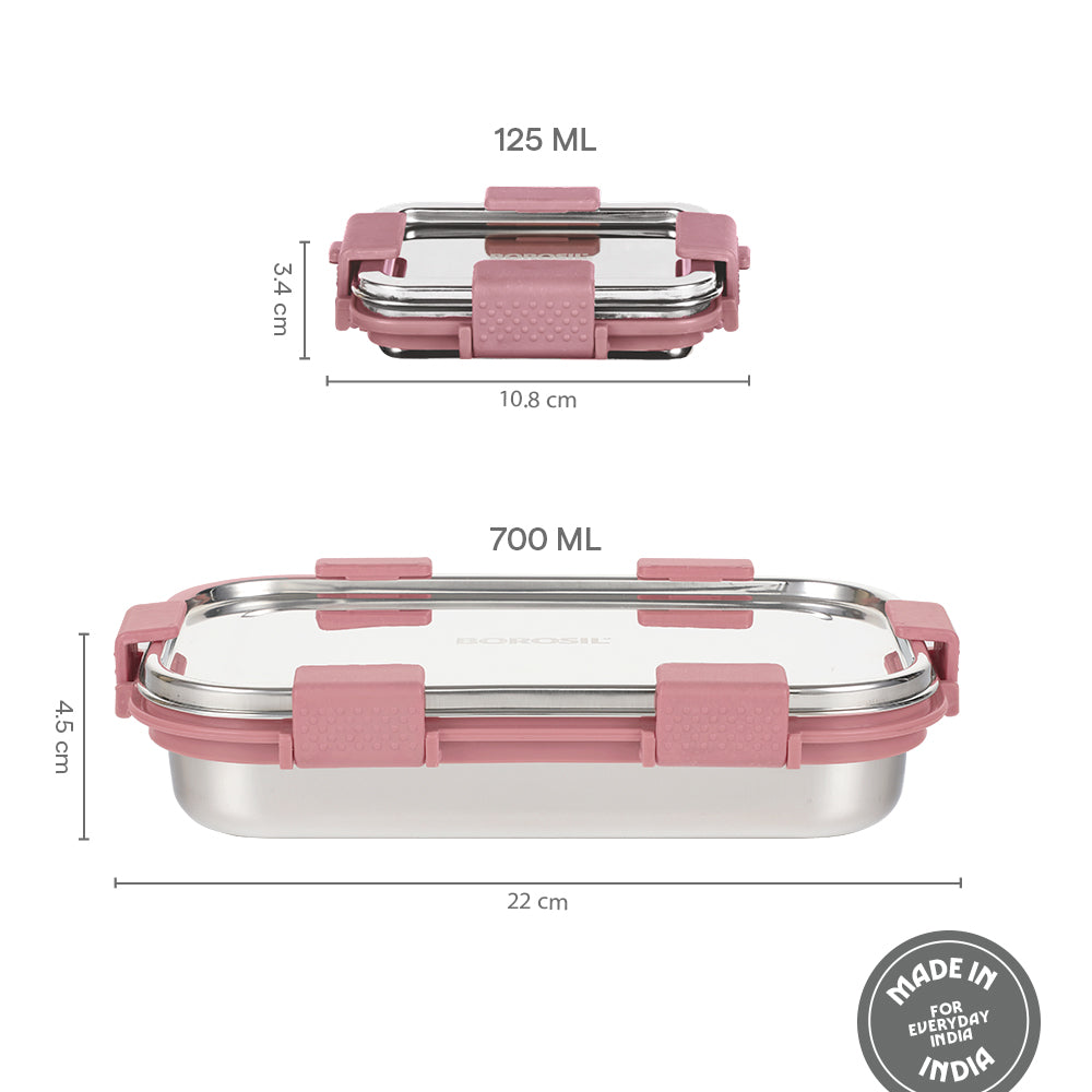 Borosil Slim Rectangular Stainless Steel Lunch Box, Set of 2, 700ml + 125ml