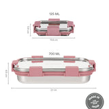Borosil Slim Rectangular Stainless Steel Lunch Box, Set of 2, 700ml + 125ml