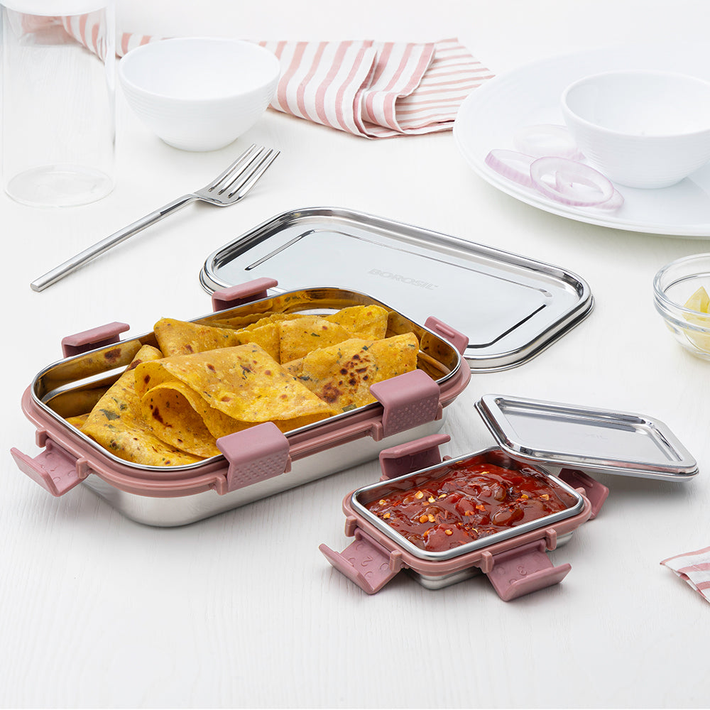 Borosil Slim Rectangular Stainless Steel Lunch Box, Set of 2, 700ml + 125ml
