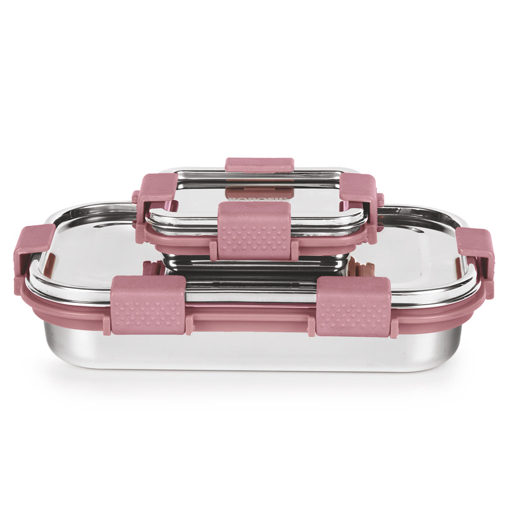 Borosil Slim Rectangular Stainless Steel Lunch Box, Set of 2, 700ml + 125ml