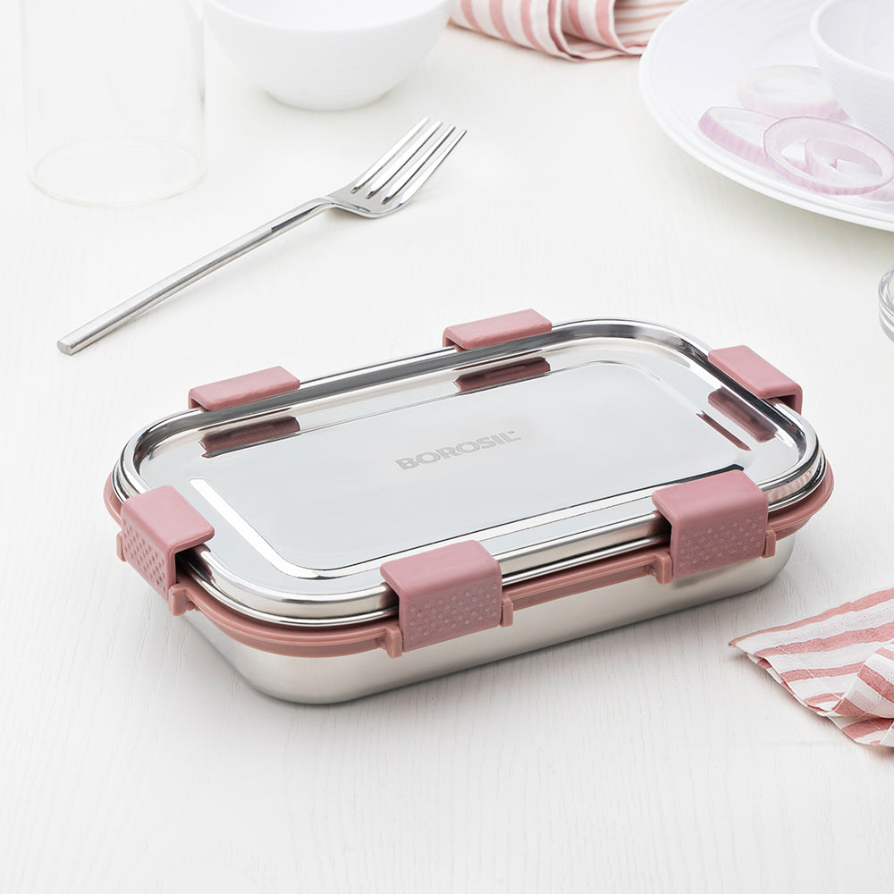 Borosil Slim Rectangular Stainless Steel Lunch Box, Set of 2, 700ml + 125ml