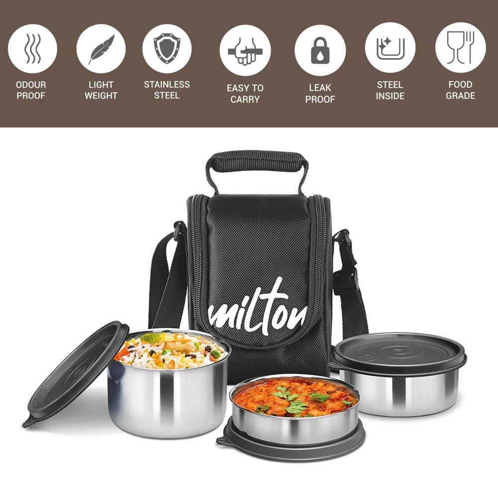 Milton Tasty Lunch Steel Tiffin Box Black 4pcs set