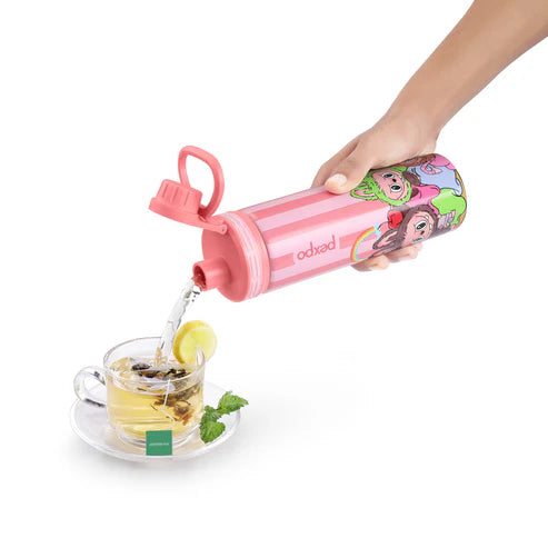 Pexpo Texas Thermo Steel Bottle | Tri-Ply Vacuum Insulated Hot & Cold Flask | For School - Pink Doll Print - 500 ml