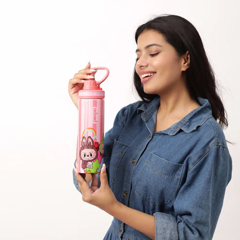 Pexpo Texas Thermo Steel Bottle | Tri-Ply Vacuum Insulated Hot & Cold Flask | For School - Pink Doll Print - 500 ml