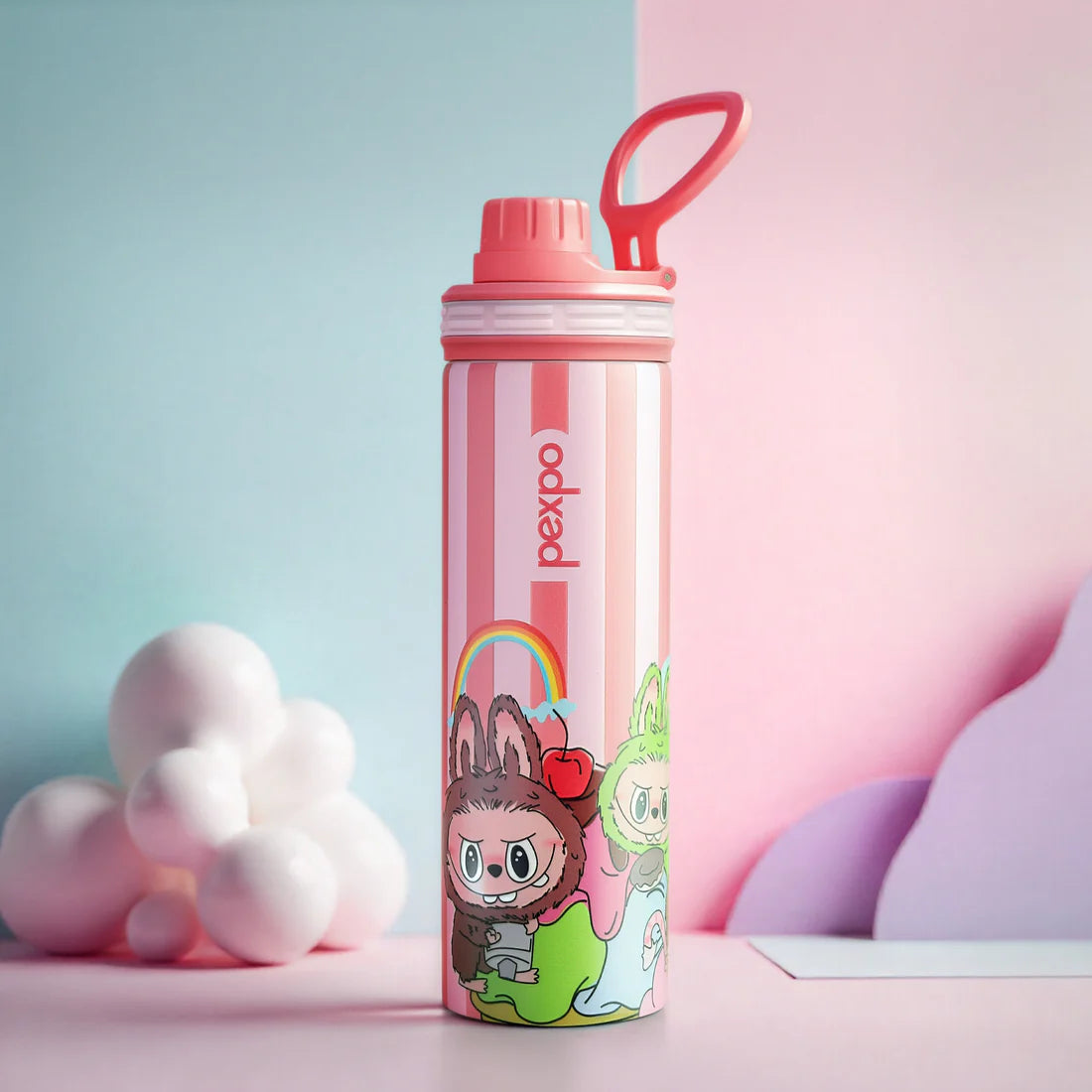 Pexpo Texas Thermo Steel Bottle | Tri-Ply Vacuum Insulated Hot & Cold Flask | For School - Pink Doll Print - 500 ml