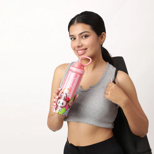 Pexpo Texas Thermo Steel Bottle | Tri-Ply Vacuum Insulated Hot & Cold Flask | For School - Pink Doll Print - 500 ml