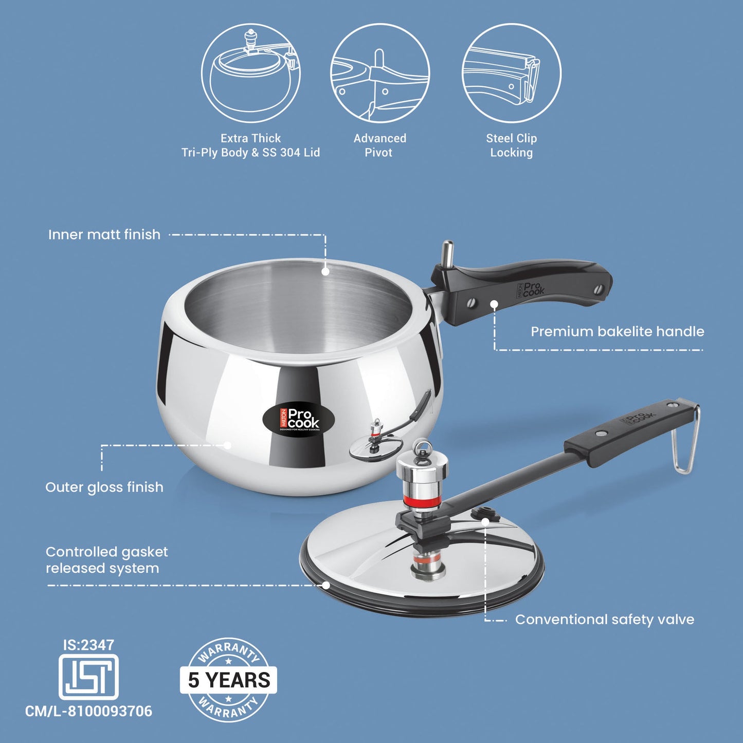 Milton Pressure Cooker Inner Lid Curve Triply (Milton Procook)
