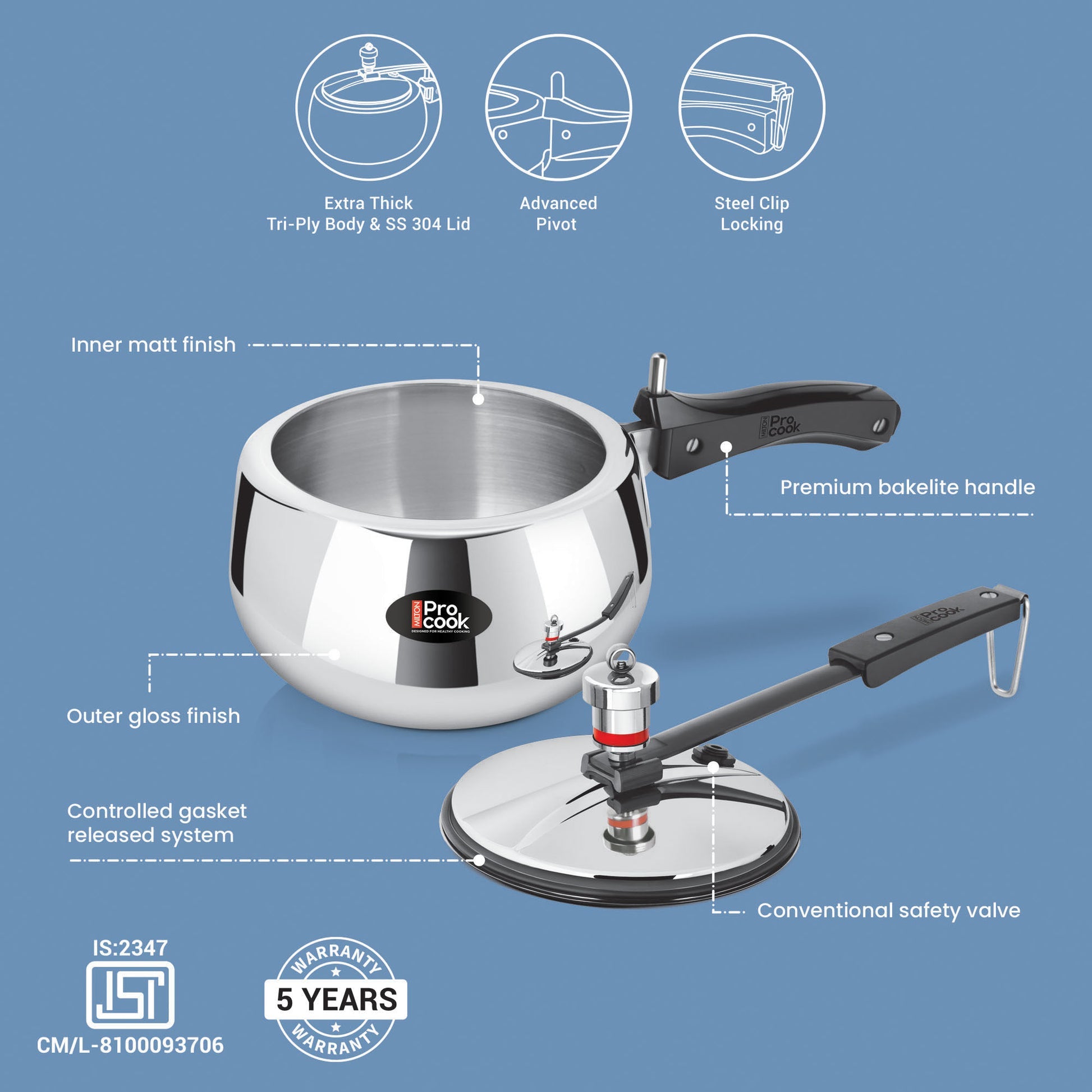 Milton Pressure Cooker Inner Lid Curve Triply (Milton Procook)