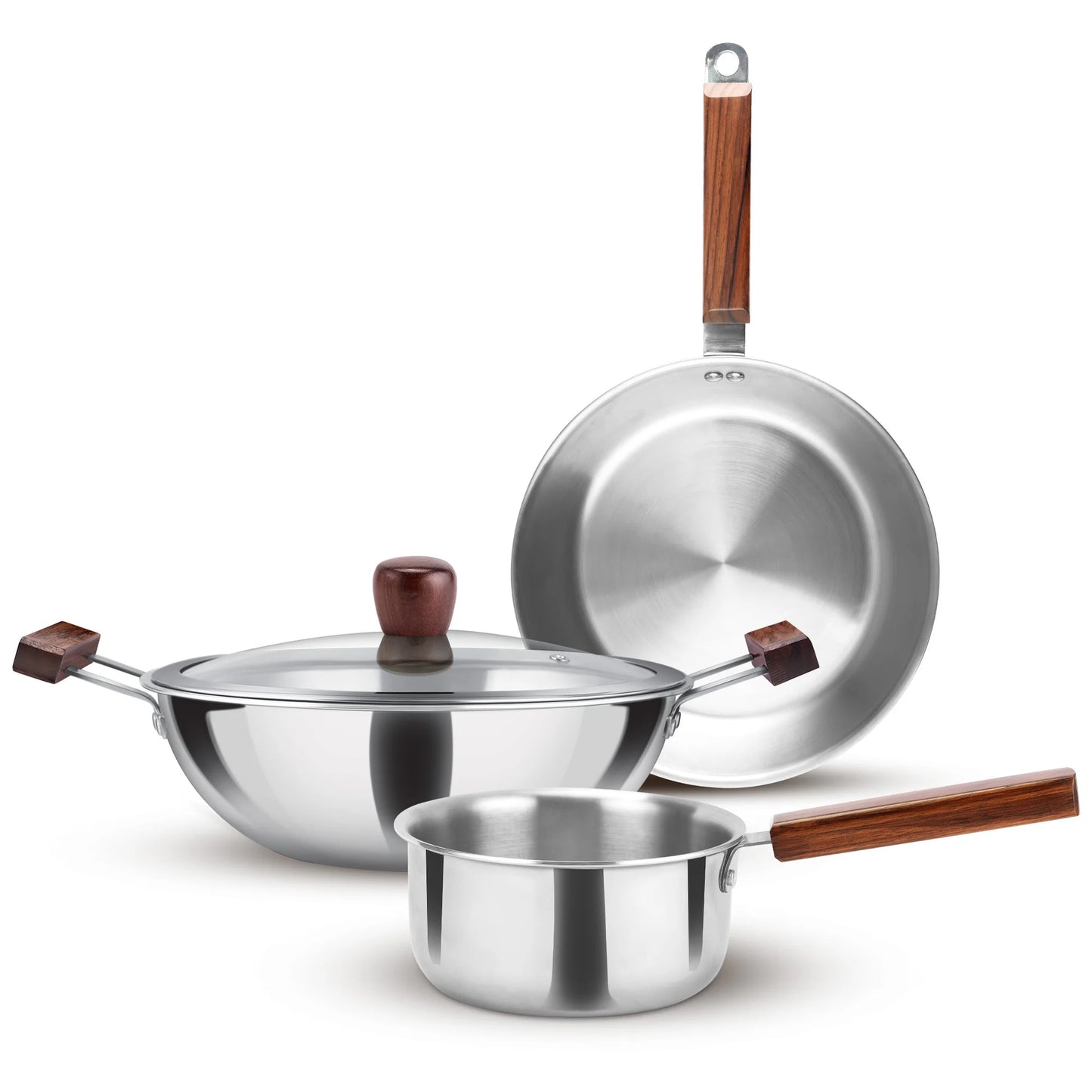 Milton Triply 4Pc Set Sauce Pan/Frying Pan/Kadhai W Gls Lid Wooden Handle 4pcs set