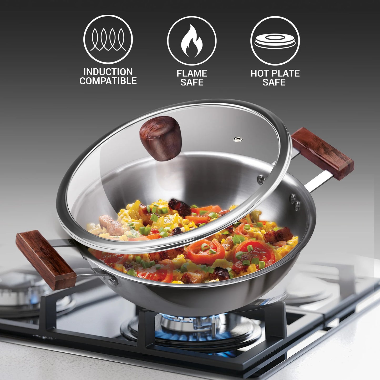 Milton Triply 4Pc Set Sauce Pan/Frying Pan/Kadhai W Gls Lid Wooden Handle 4pcs set