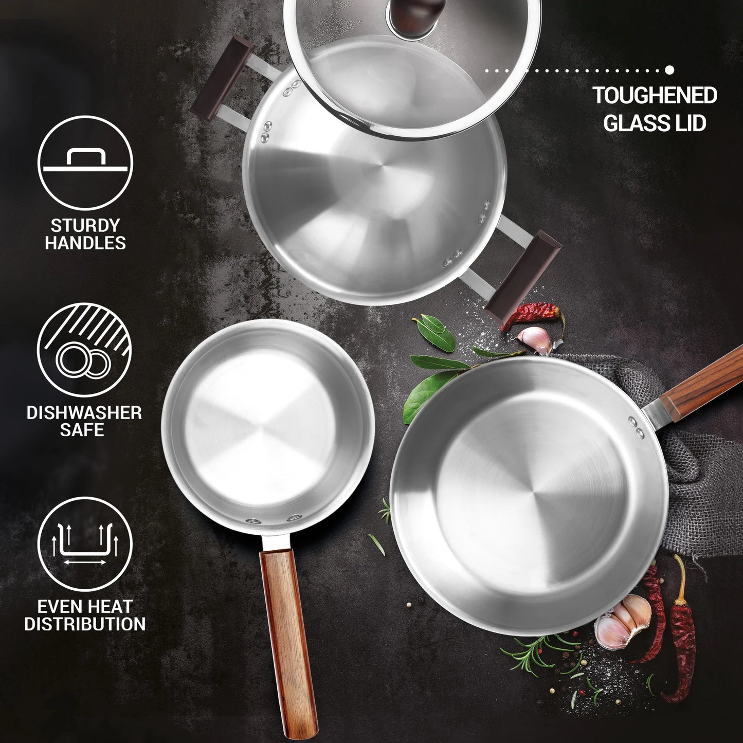 Milton Triply 4Pc Set Sauce Pan/Frying Pan/Kadhai W Gls Lid Wooden Handle 4pcs set