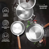 Milton Triply 4Pc Set Sauce Pan/Frying Pan/Kadhai W Gls Lid Wooden Handle 4pcs set