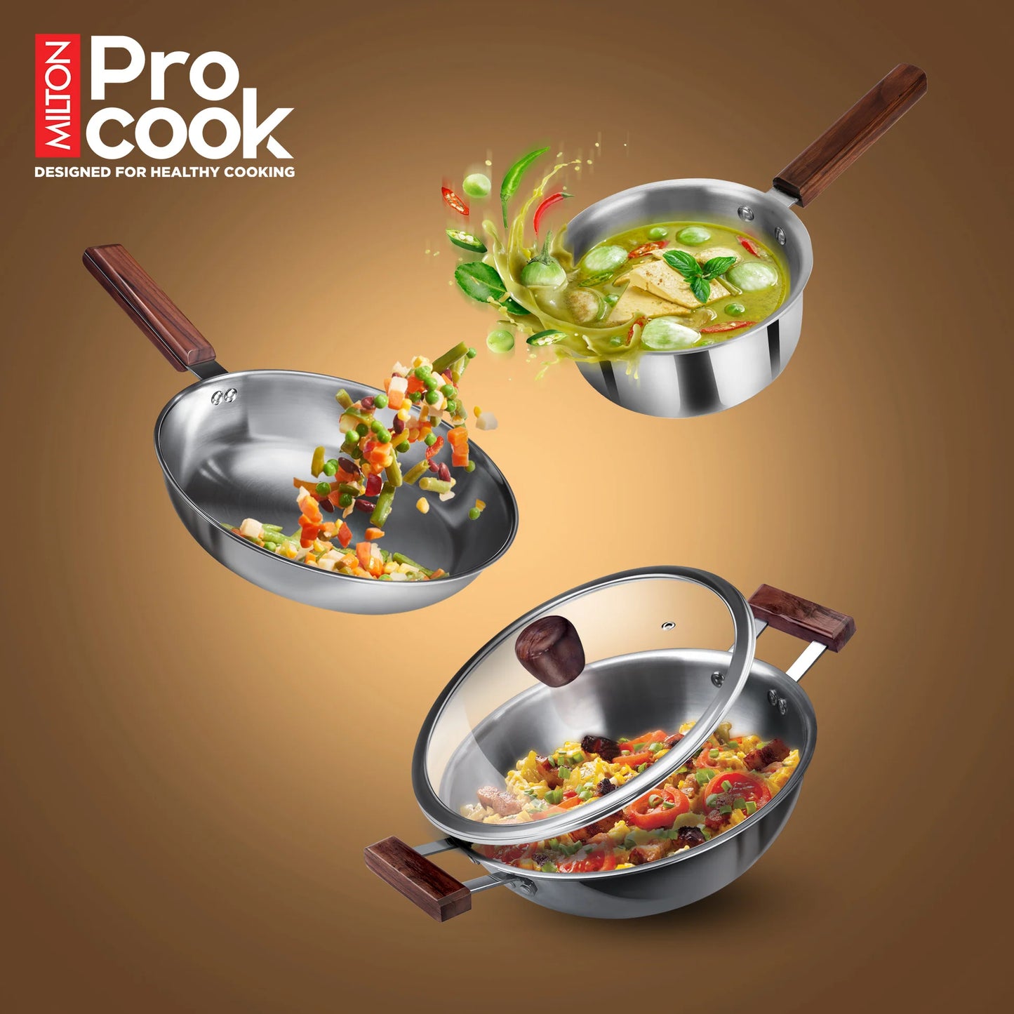 Milton Triply 4Pc Set Sauce Pan/Frying Pan/Kadhai W Gls Lid Wooden Handle 4pcs set