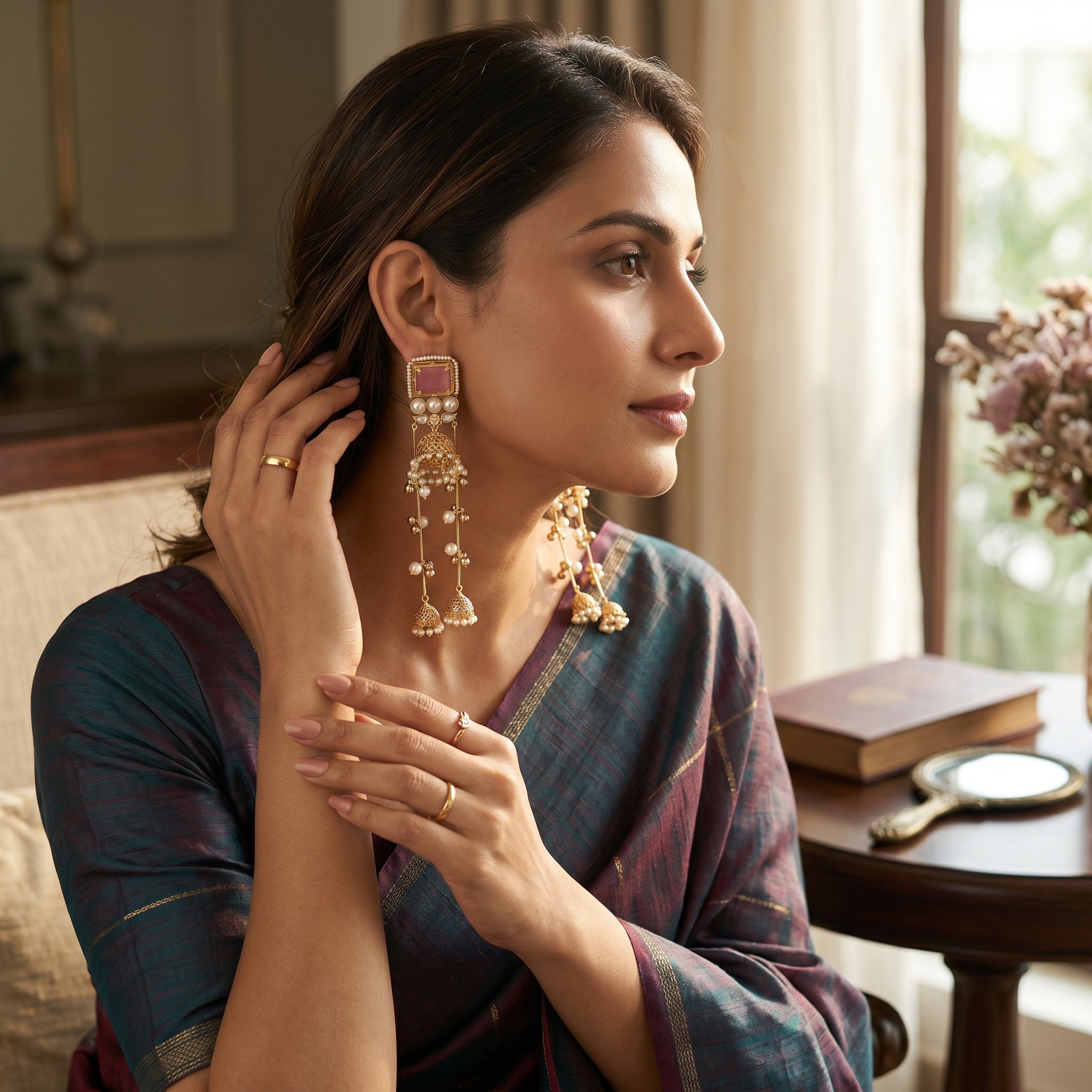 Royal Kashmiri Pearl & Kundan Long Jhumka Earrings for Women