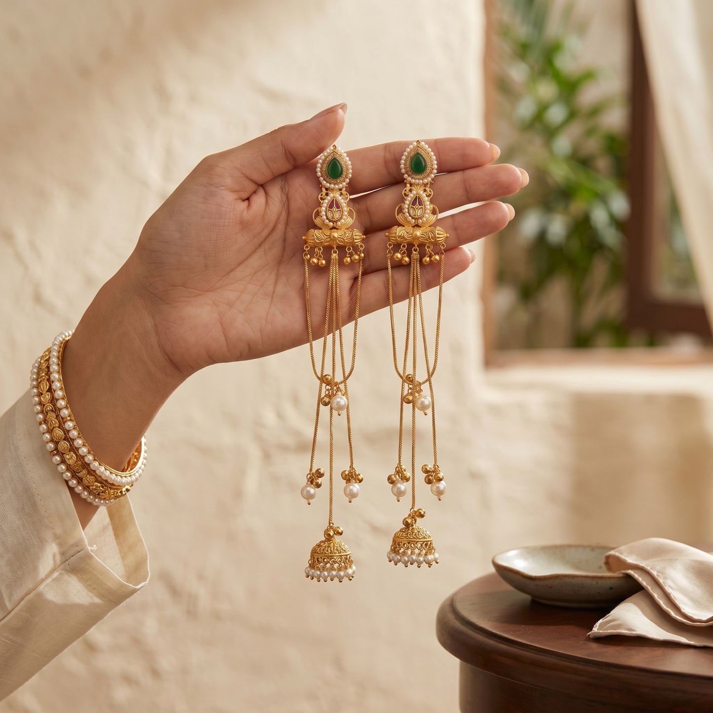 Royal Kashmiri Green Stone & Pearl Long Jhumka Earrings for Women