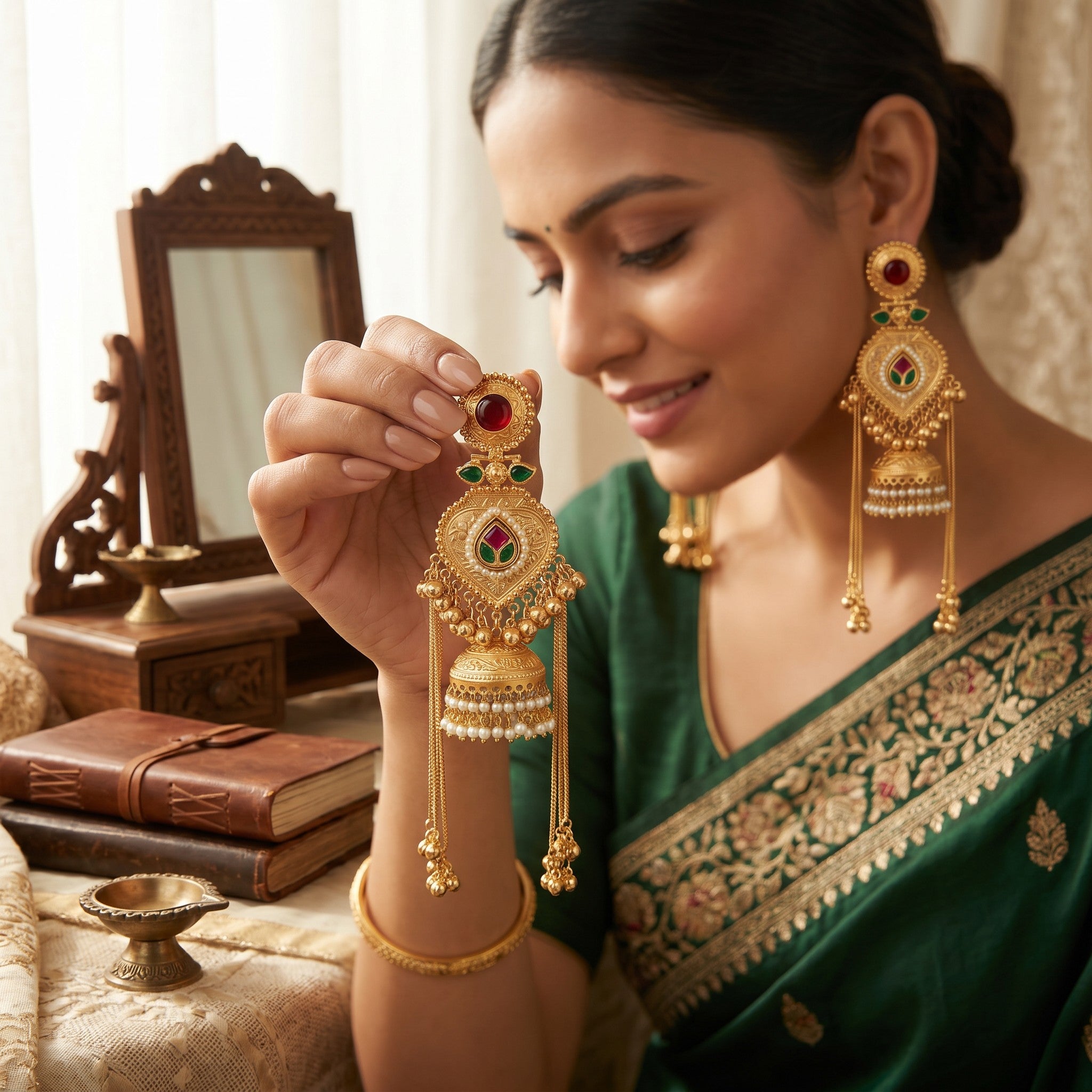 Statement Kashmiri Gold Tone Jhumka Earrings with Pearls for Women