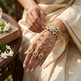 Antique Gold Kundan Polki Haathphool Bracelet with Pearl Tassels | Bridal Wedding Hand Jewelry