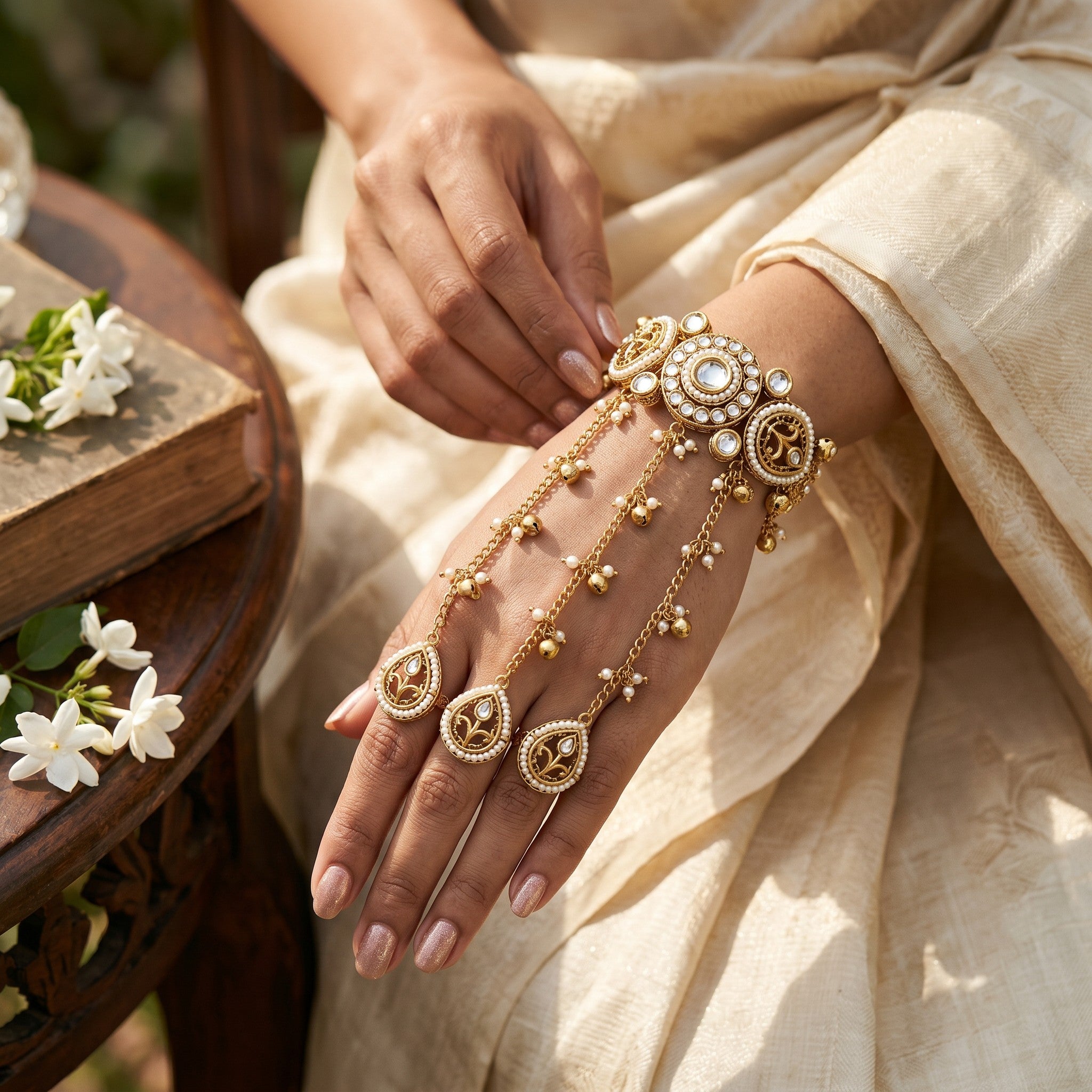 Antique Gold Kundan Polki Haathphool Bracelet with Pearl Tassels | Bridal Wedding Hand Jewelry