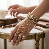 Antique Gold Kundan Polki Haathphool Bracelet with Pearl Tassels | Bridal Wedding Hand Jewelry
