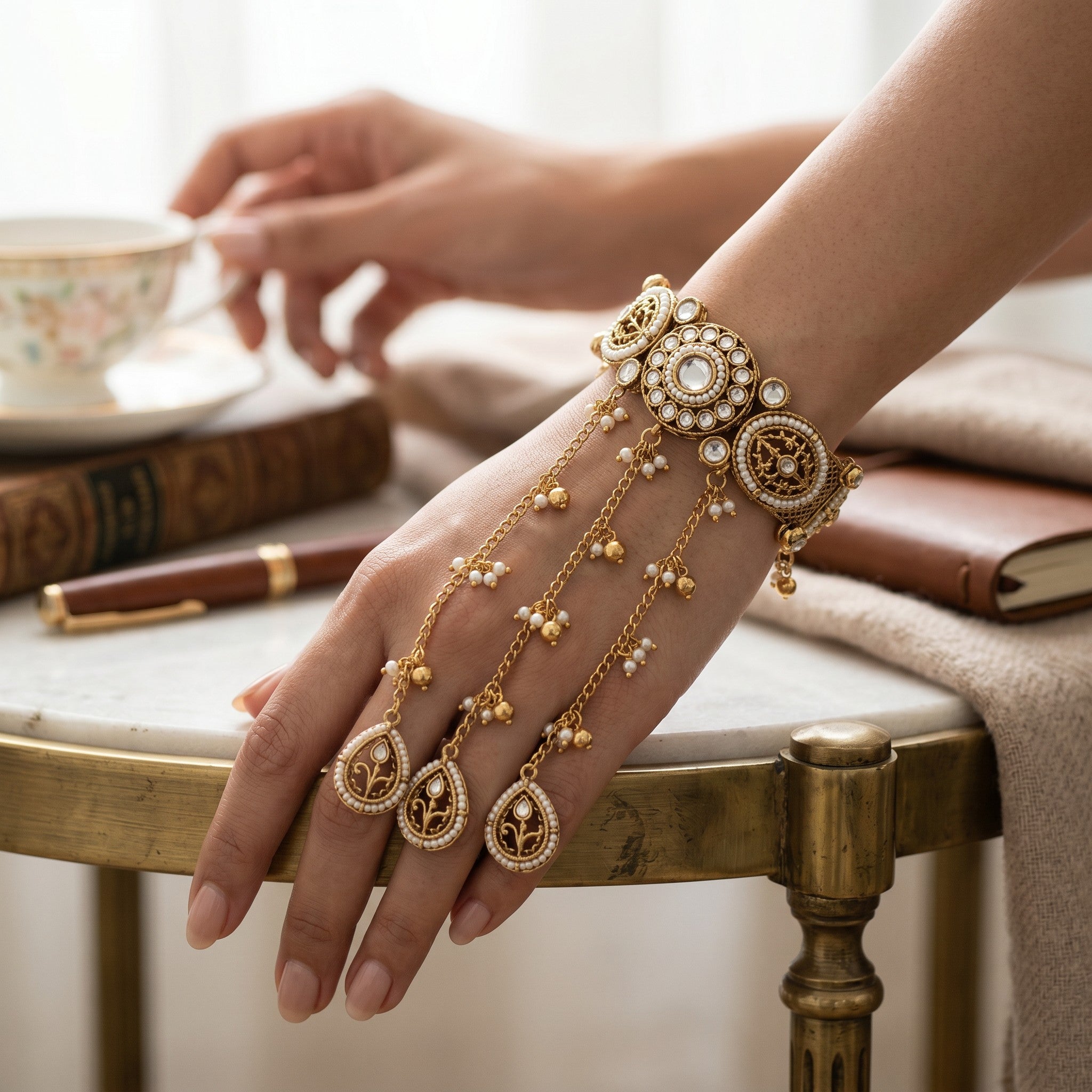 Antique Gold Kundan Polki Haathphool Bracelet with Pearl Tassels | Bridal Wedding Hand Jewelry