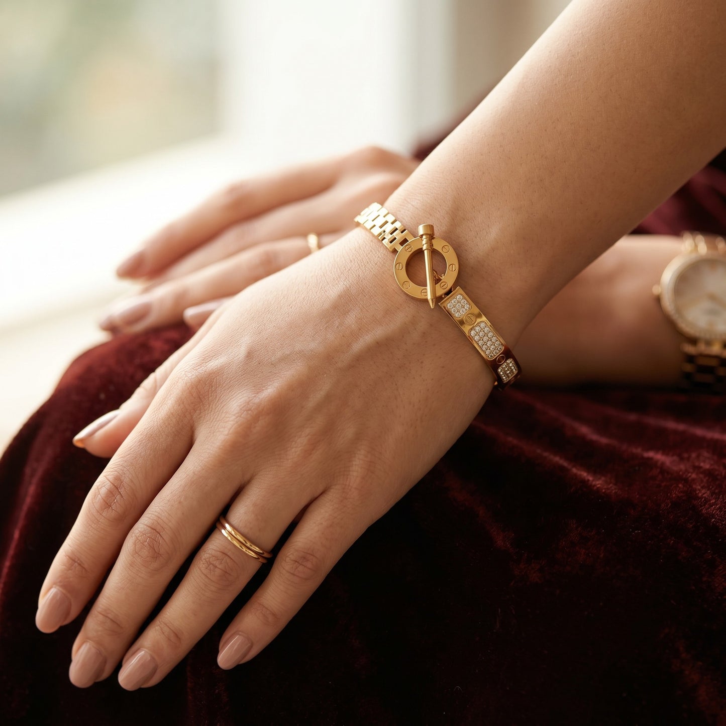 Luxury Gold Plated Crystal Nail Bracelet for Women | Designer Fashion Cuff Bangle