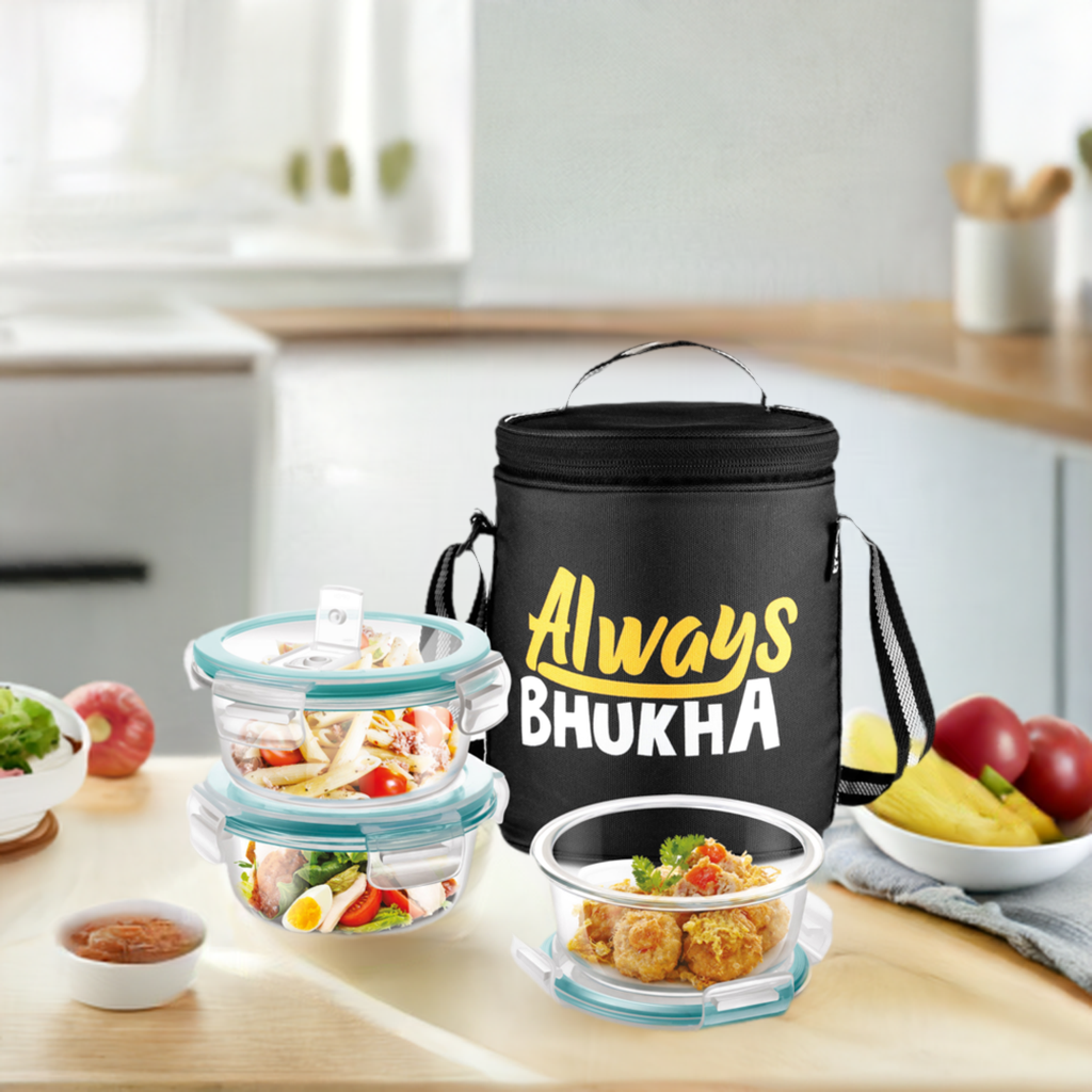 Milton "Always Bhukha" - Glass Tiffin with Printed Jacket 1200ML