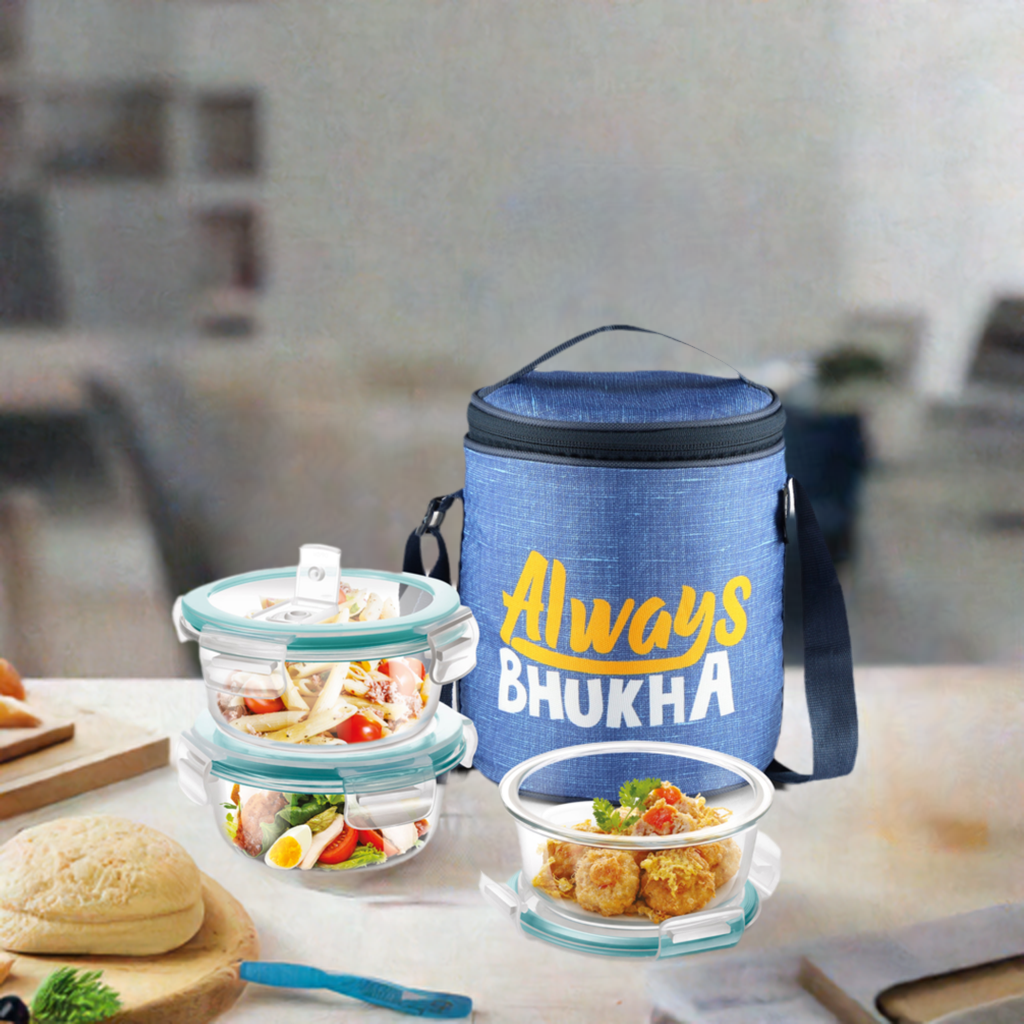 Milton "Always Bhukha" - Glass Tiffin with Printed Jacket 1200ML