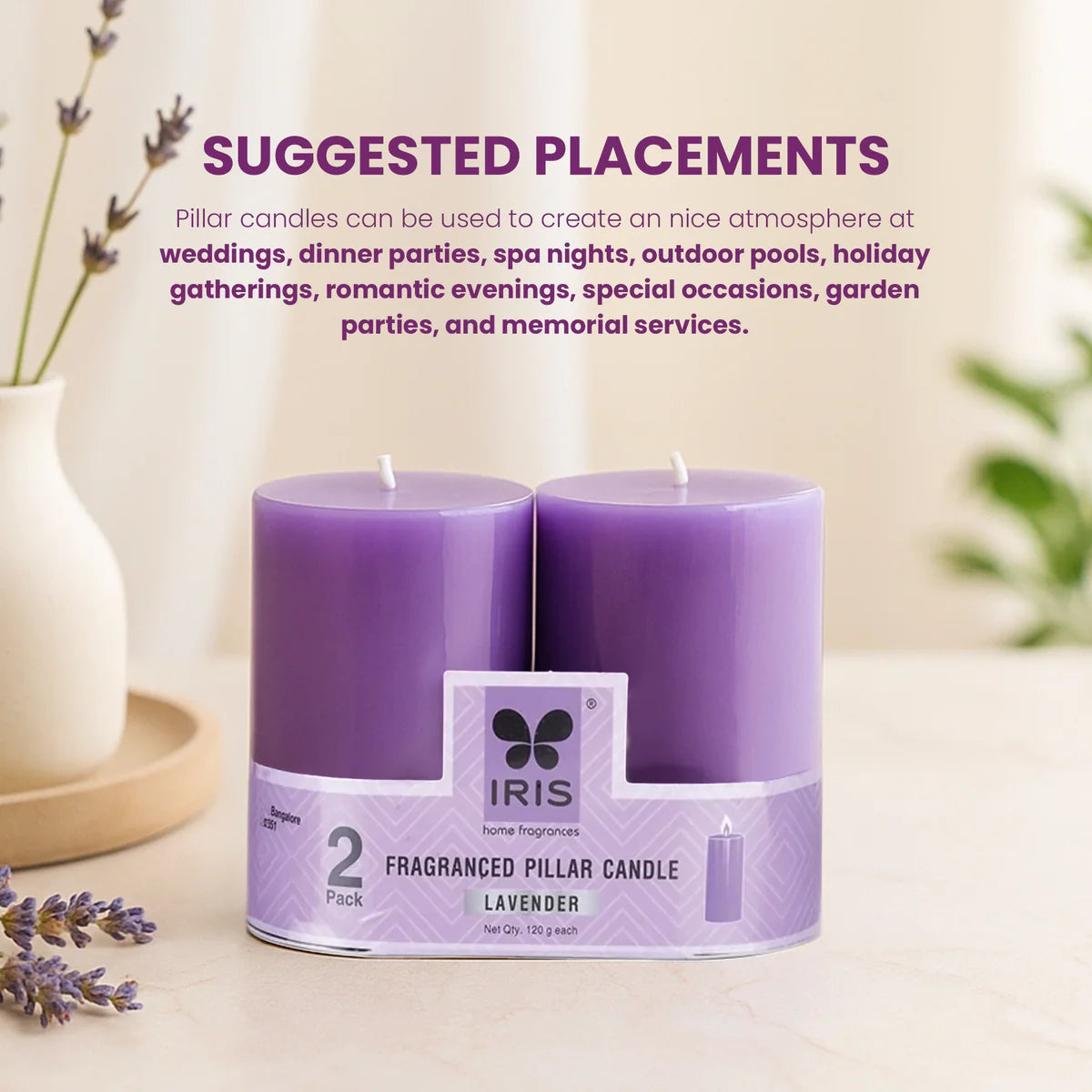 IRIS Lavender Fragranced Pillar Candles 120gm
