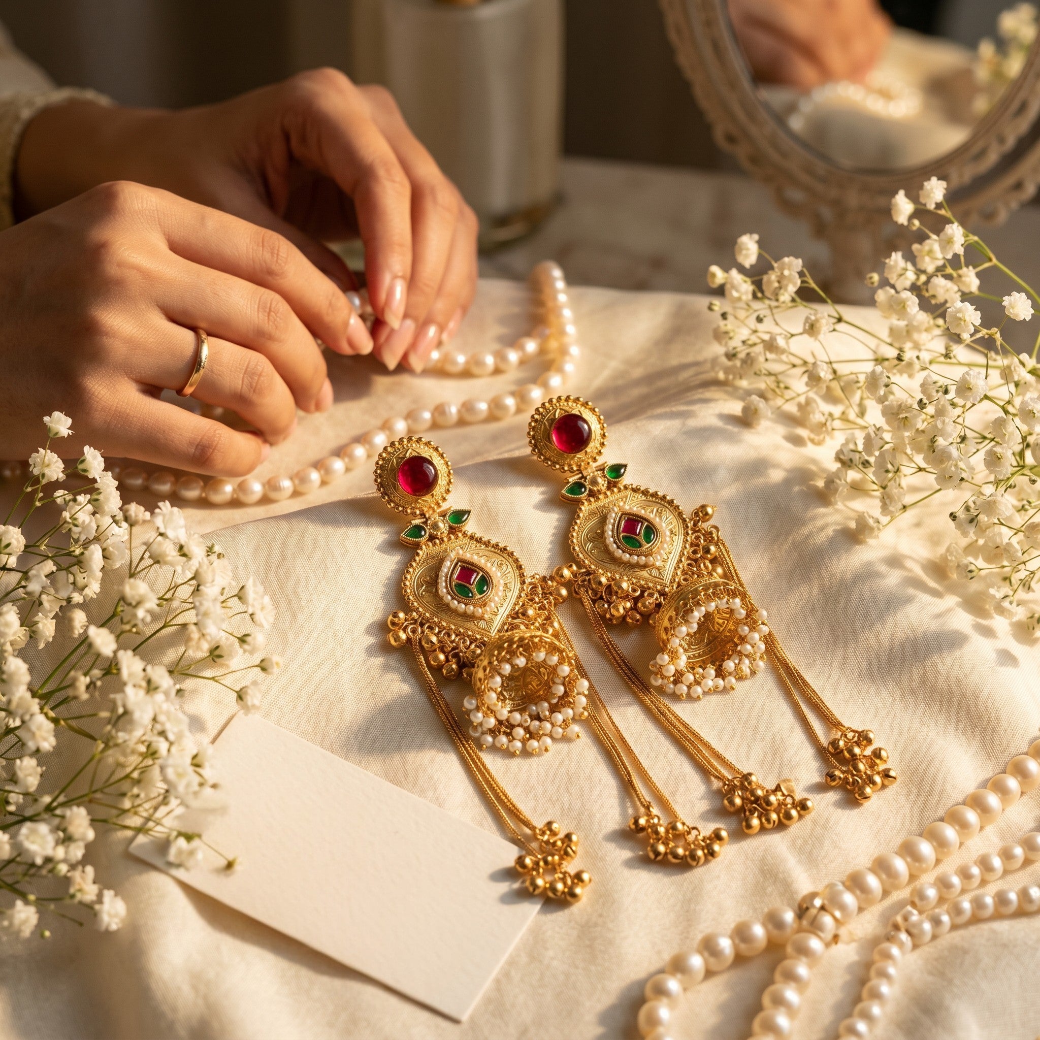 Statement Kashmiri Gold Tone Jhumka Earrings with Pearls for Women
