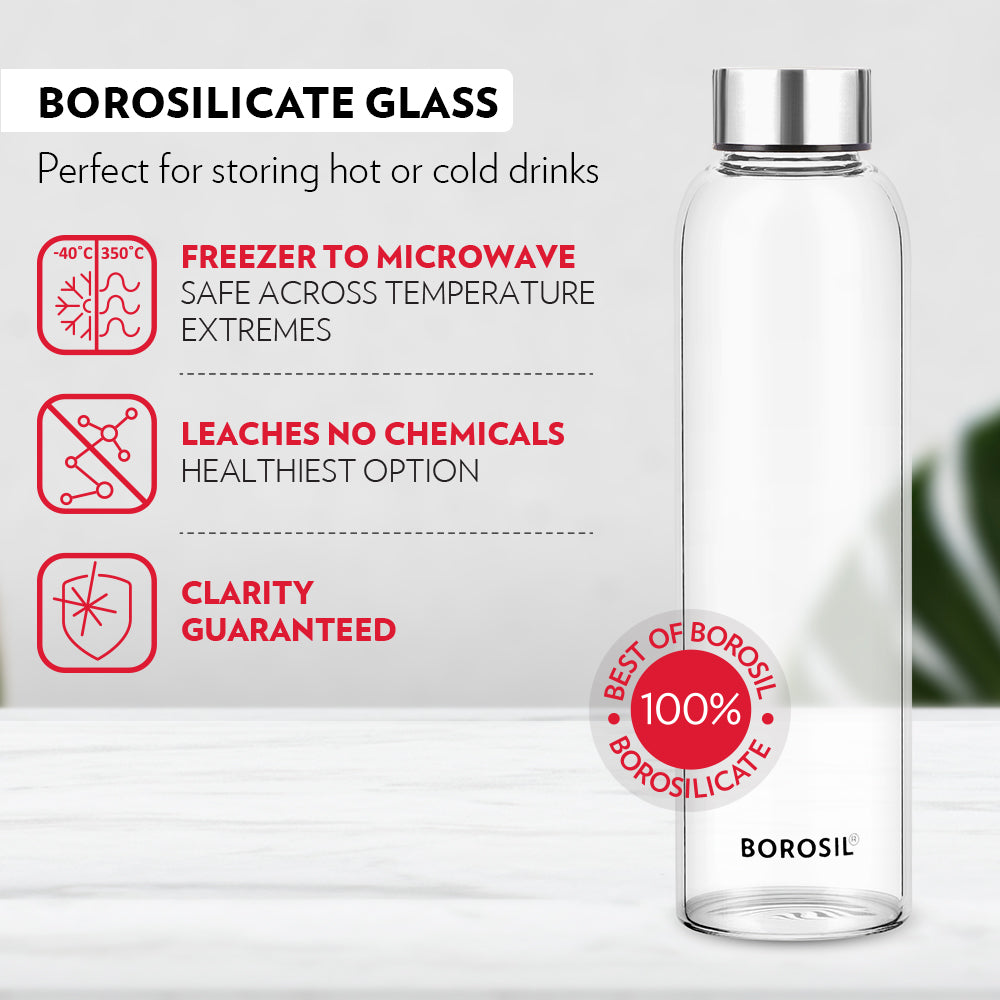 Borosil Crysto Slim Glass Bottle 550ml - SS Lid