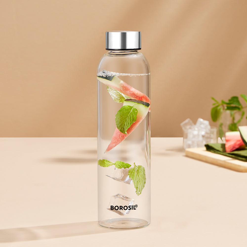 Borosil Crysto Slim Glass Bottle 550ml - SS Lid