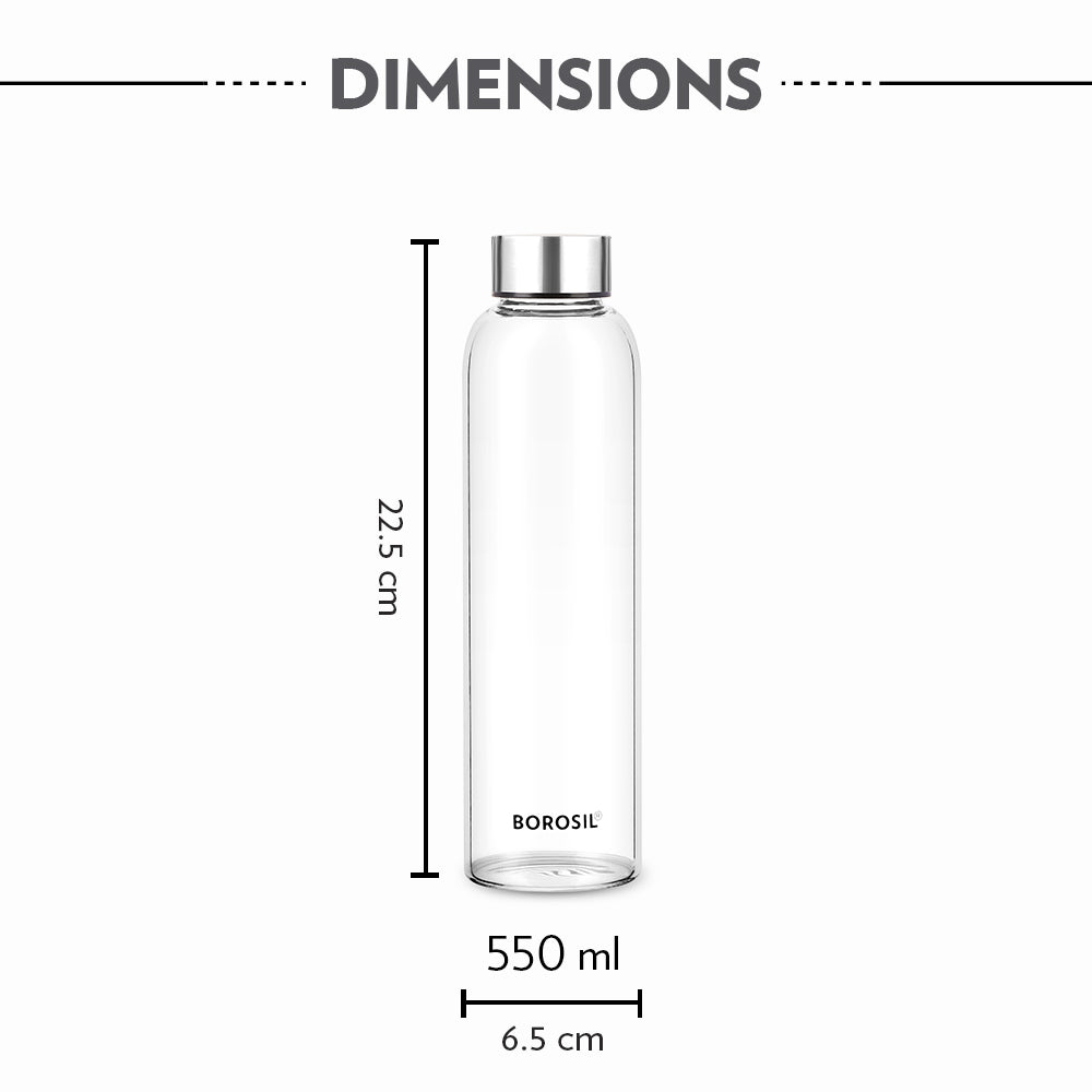 Borosil Crysto Slim Glass Bottle 550ml - SS Lid