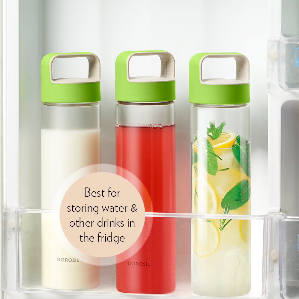 Borosil Neo Borosilicate Clear Glass Bottle 550ml - Green Lid