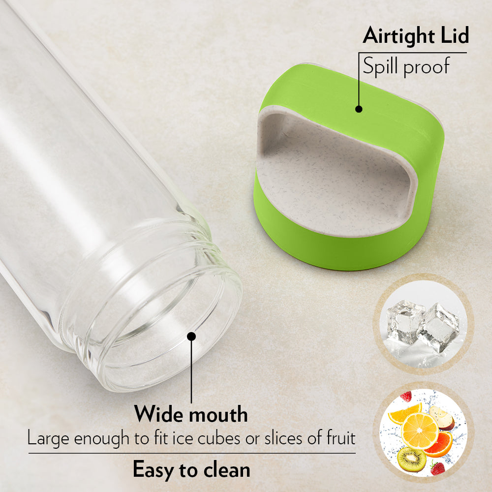 Borosil Neo Borosilicate Clear Glass Bottle 550ml - Green Lid
