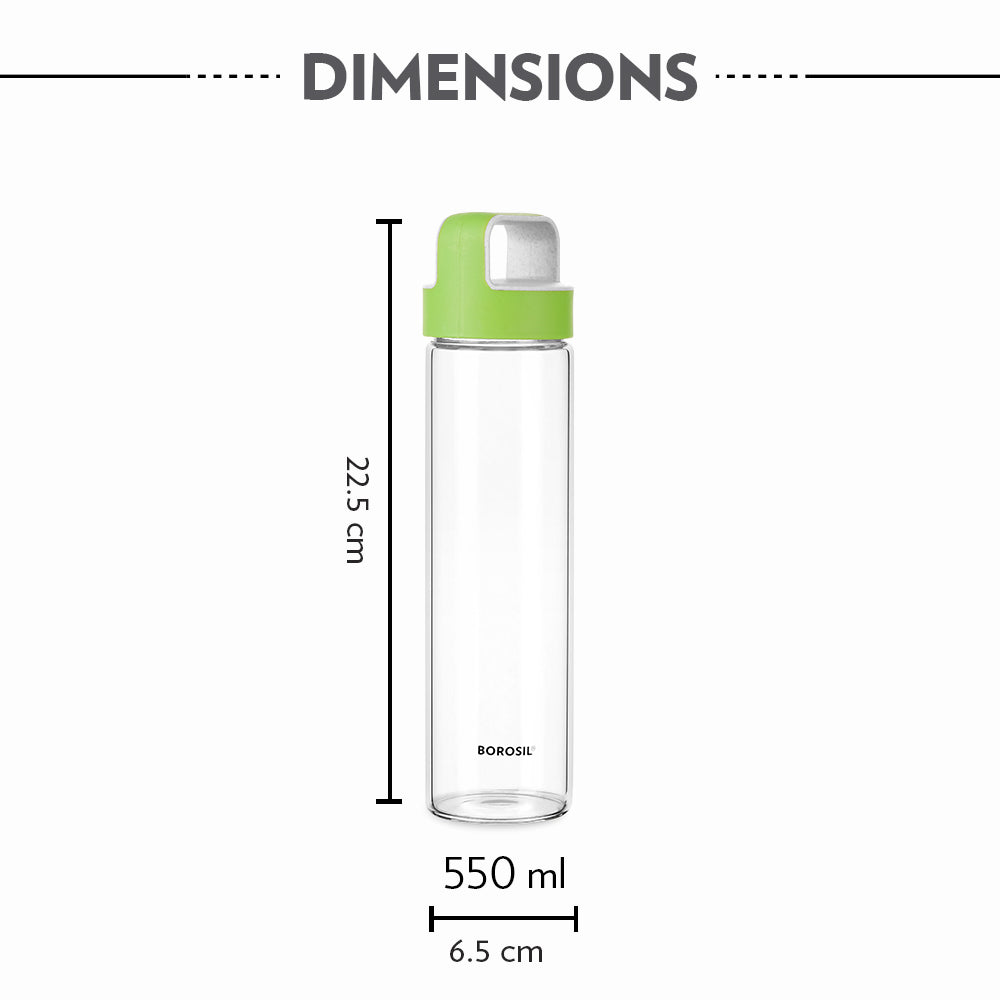 Borosil Neo Borosilicate Clear Glass Bottle 550ml - Green Lid