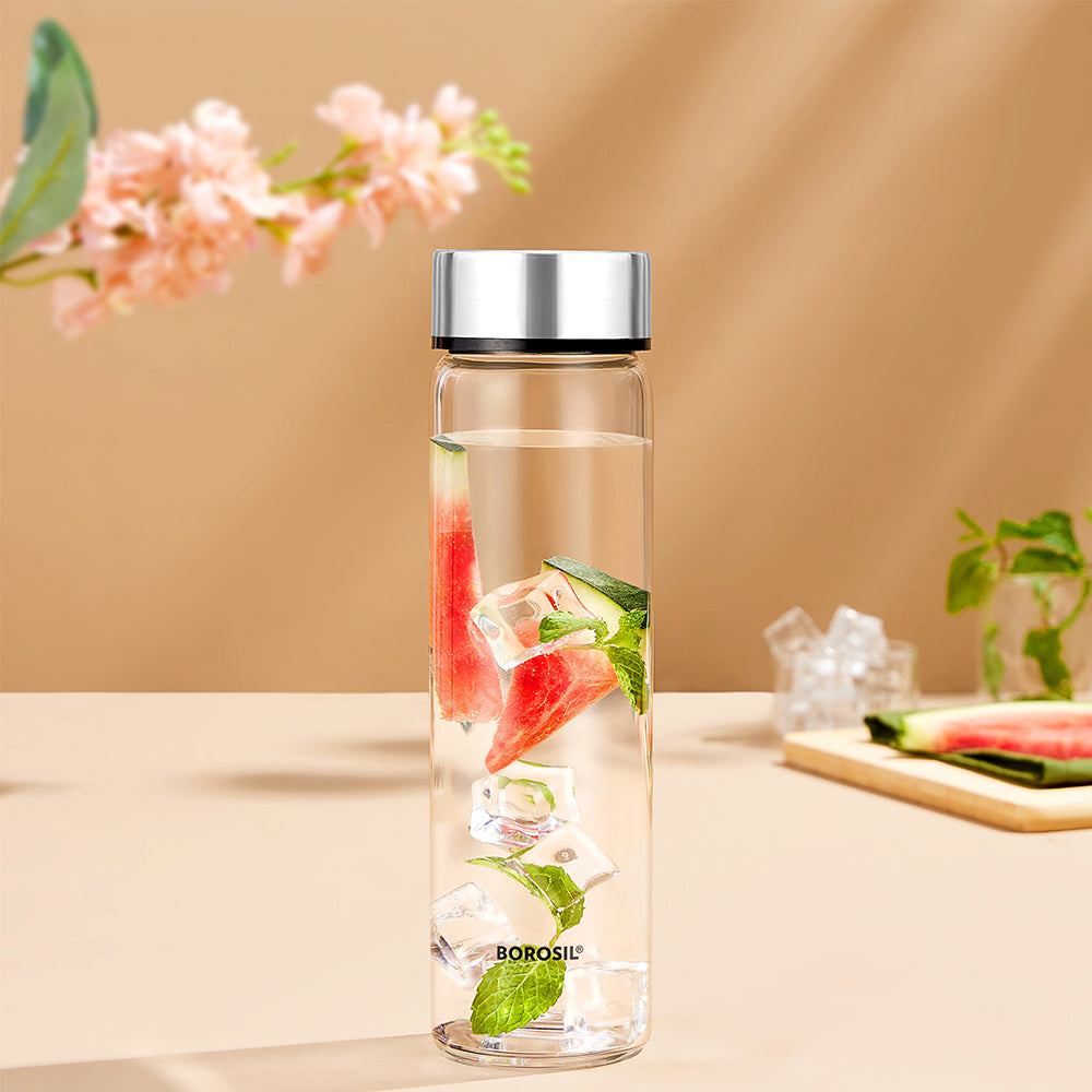 Borosil Personalised Neo Borosilicate Clear Glass Bottle 550ml - Silver Lid