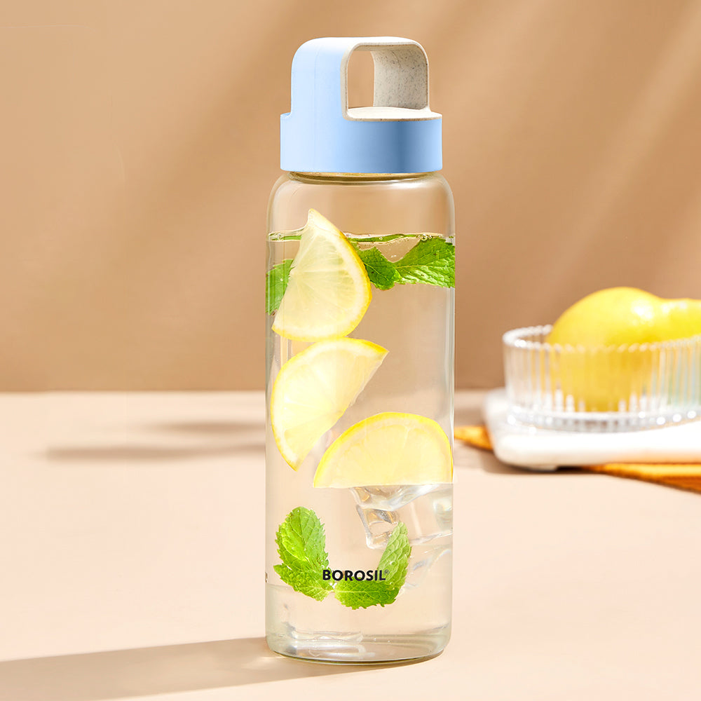 Borosil Crysto Wide Mouth Clear Glass Bottle 750ml - Pink Lid