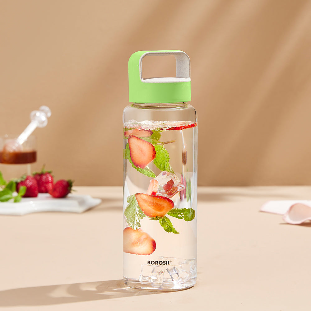 Borosil Crysto Wide Mouth Clear Glass Bottle 750ml - Pink Lid