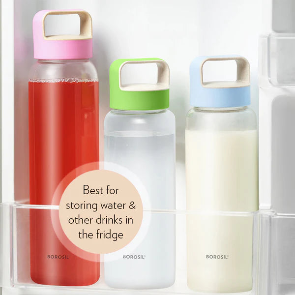 Borosil Crysto Wide Mouth Clear Glass Bottle 750ml - Pink Lid