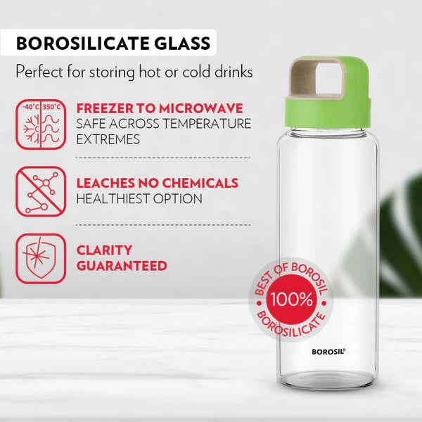 Borosil Crysto Wide Mouth Clear Glass Bottle 750ml - Pink Lid