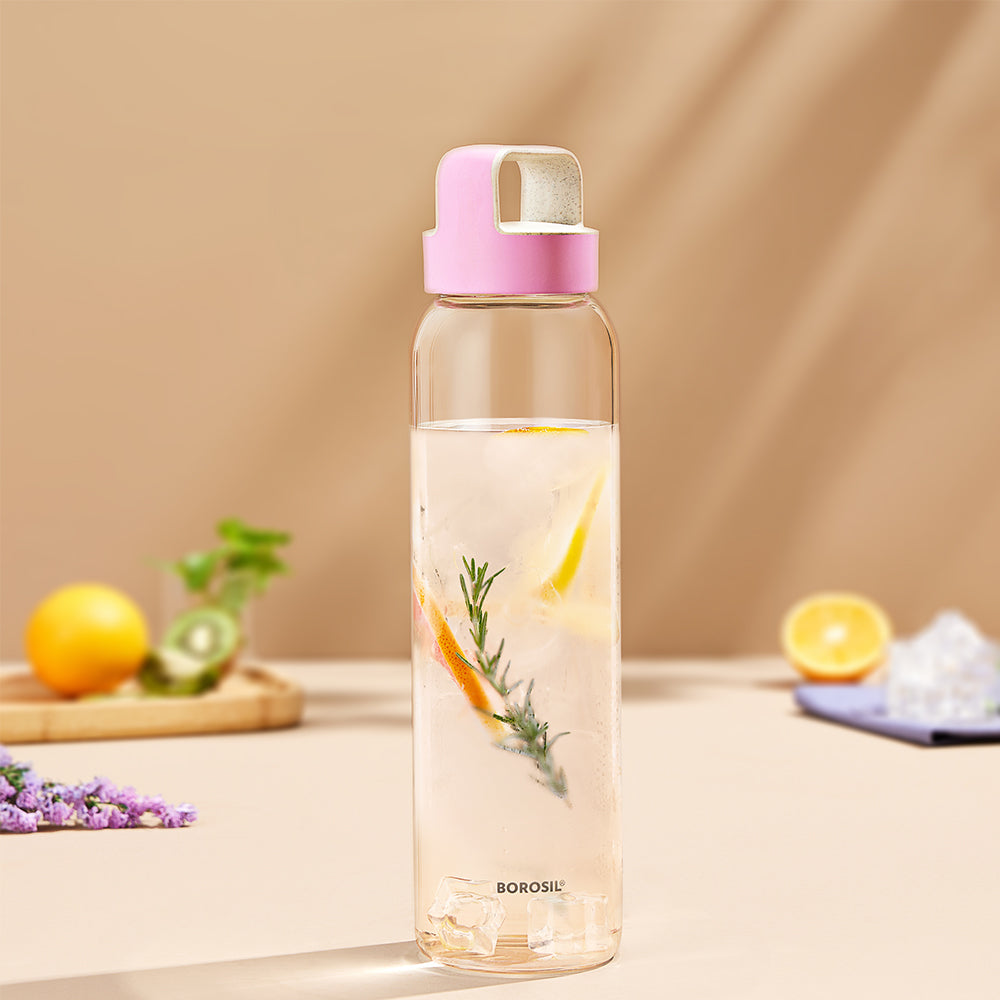 Borosil Crysto Wide Mouth Clear Glass Bottle 750ml - Pink Lid