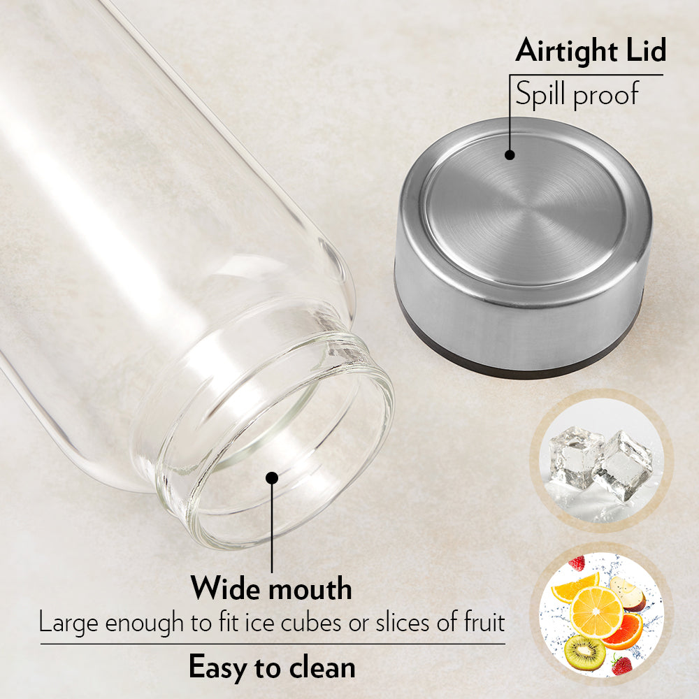 Borosil Personalised Crysto Wide Mouth Clear Glass Bottle 1L - SS Lid