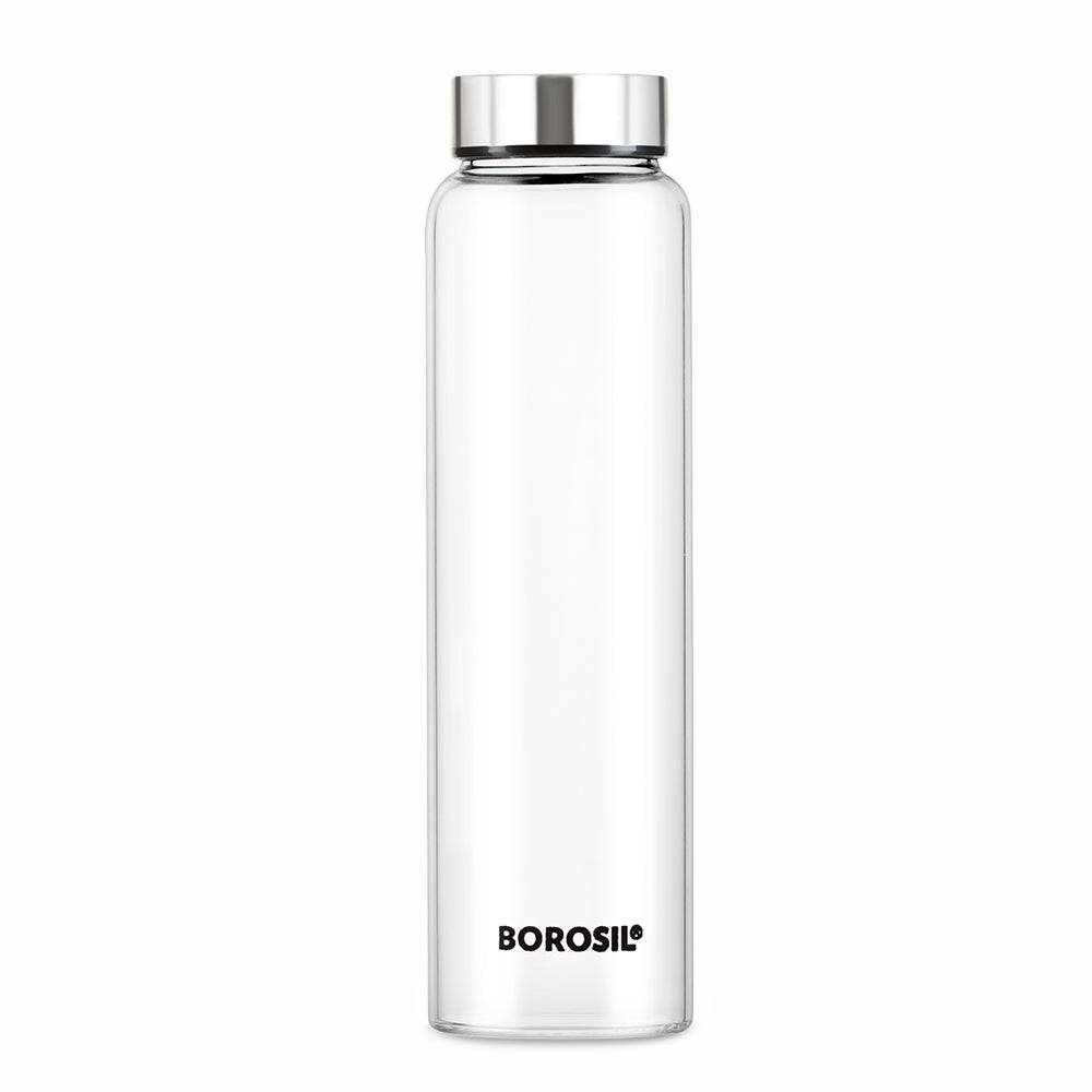 Borosil Personalised Crysto Wide Mouth Clear Glass Bottle 1L - SS Lid