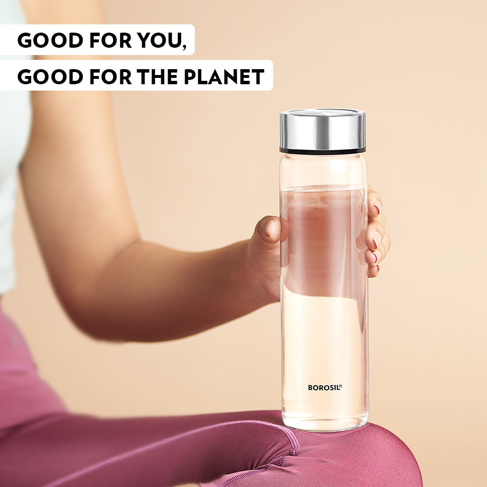 Borosil Personalised Crysto Wide Mouth Clear Glass Bottle 1L - SS Lid