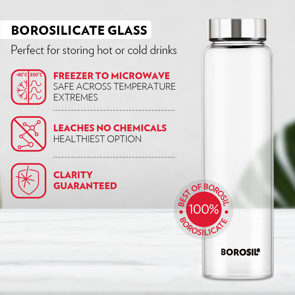 Borosil Personalised Crysto Wide Mouth Clear Glass Bottle 1L - SS Lid