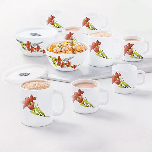 Borosil Larah Red Iris Snack Set w Mugs, 12 pc