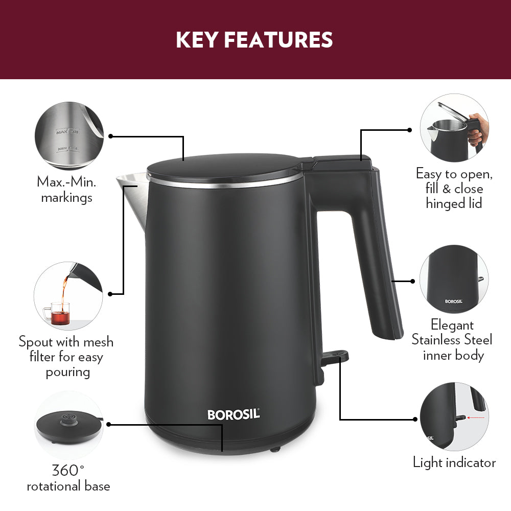 Borosil Cooltouch Stainless Steel Electric Kettle 1L