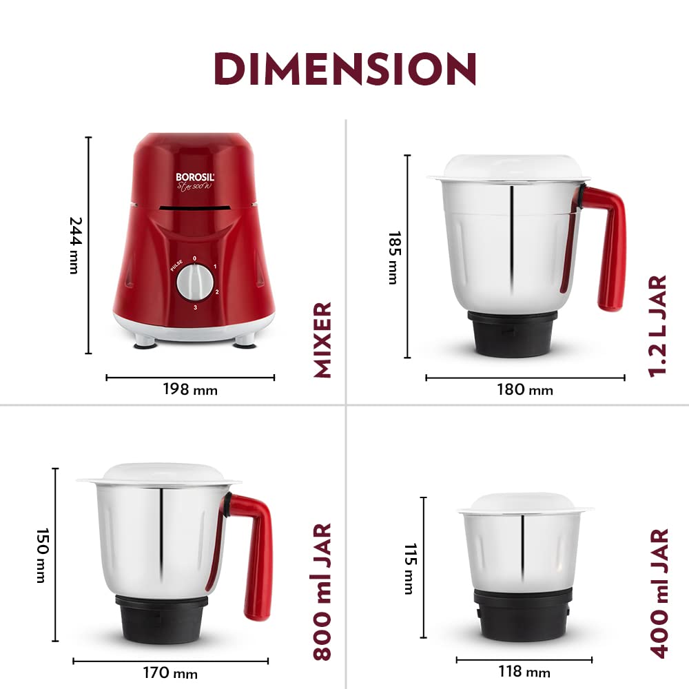 Borosil Star Mixer Grinder-Maroon 500W